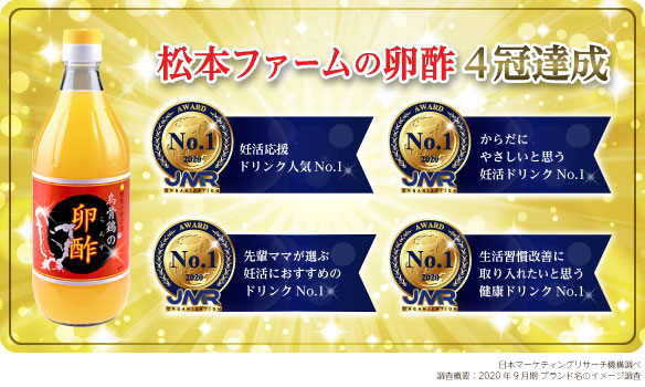 松本ファームの卵酢は4冠を達成しました。「妊活応援ドリンク人気No.1」「先輩ママが選ぶ妊活におすすめのドリンクNo.1」「からだにやさしいと思う妊活ドリンクNo.1」「生活習慣改善に取り入れたいと思う健康ドリンクNo.1」